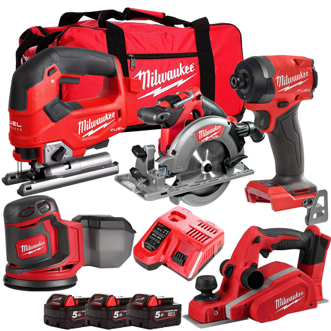 Milwaukee M18PP5C-503B 18V FUEL Woodworking 5 Piece Kit with 3 x 5.0Ah Batteries & Charger 4933480469 - MonkeyTools