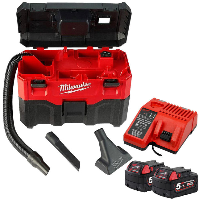 Milwaukee M18VC2-0 18V Wet/Dry Vacuum Cleaner with 2 x 5.0Ah Batteries & Charger - MonkeyTools