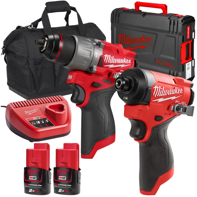 Milwaukee 12V Twin Pack Brushless Impact Driver + Combi Drill with 2 x 2.0Ah Battery & Charger - MonkeyTools