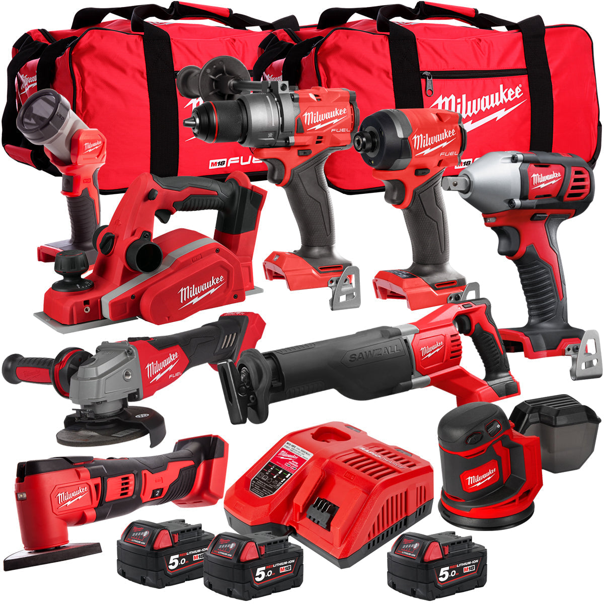 Milwaukee 18V 9 Piece Power Tool Kit with 3 x 5.0Ah Batteries T4TKITM-119 - MonkeyTools