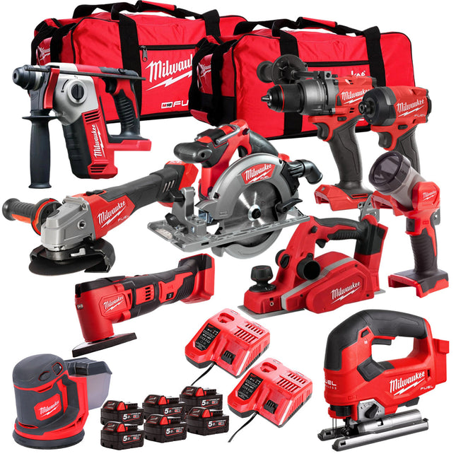 Milwaukee 18V Cordless 10 Piece Tool Kit with 6 x 5.0Ah Batteries & Charger in Bag T4TKIT-505 - MonkeyTools