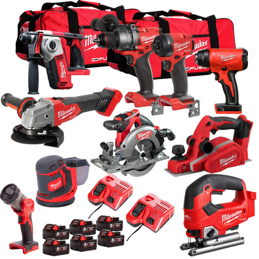 Milwaukee 18V Cordless 10 Piece Tool Kit with 6 x 5.0Ah Batteries & Charger in Bag T4TKIT-507 - MonkeyTools