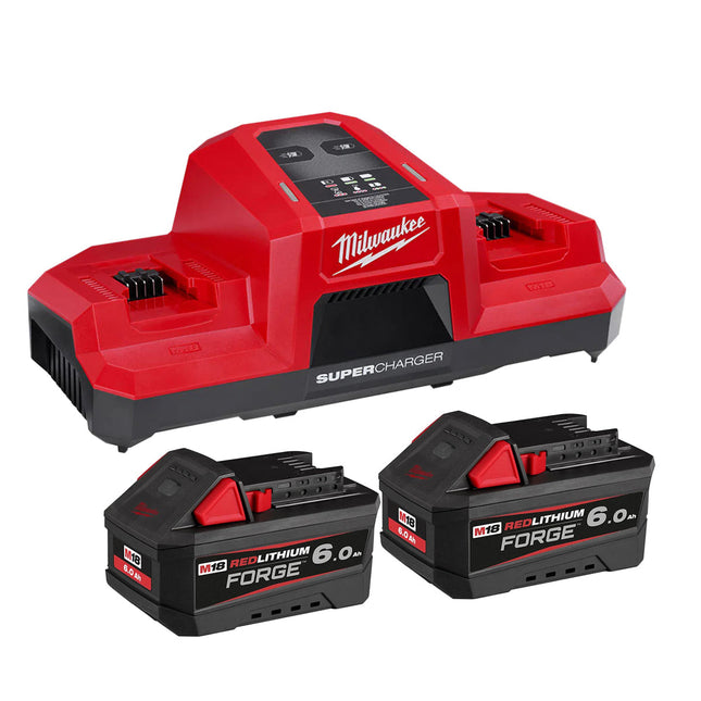 Milwaukee 2 x M18FB6 18V 6.0Ah FORGE RedLithium-Ion Battery with Dual Bay Super Charger - MonkeyTools