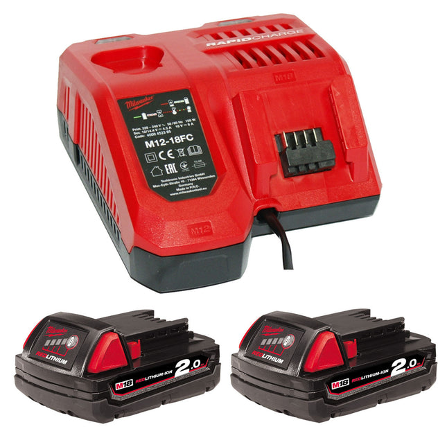 Milwaukee M12-18FC 12-18V Multi Voltage Fast Charger with 2 x 2.0Ah Battery - MonkeyTools