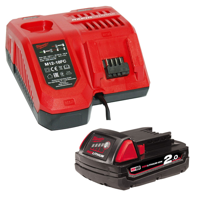 Milwaukee M12-18FC 12-18V Multi Voltage Fast Charger with M18B2 2.0Ah Battery - MonkeyTools