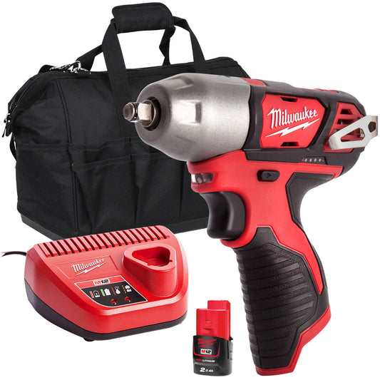 Milwaukee M12 BIW38-0 12V 3/8'' Impact Wrench with 1 x 2.0Ah Battery Charger & Bag - MonkeyTools