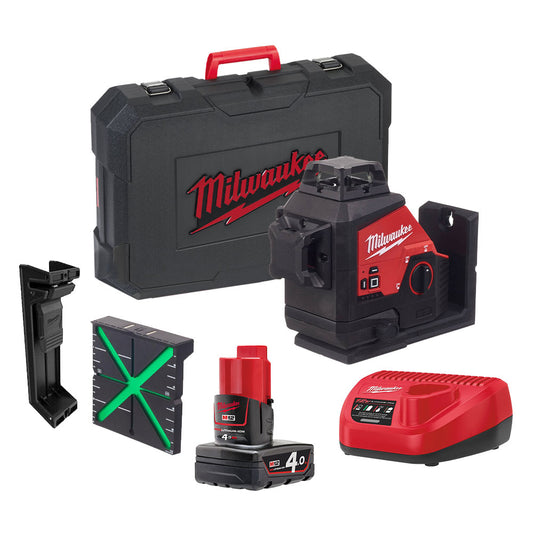 Milwaukee M123PL-401C 12V Green 360° 3 Plane Laser with 1 x 4.0Ah Battery, Charger & Case - MonkeyTools