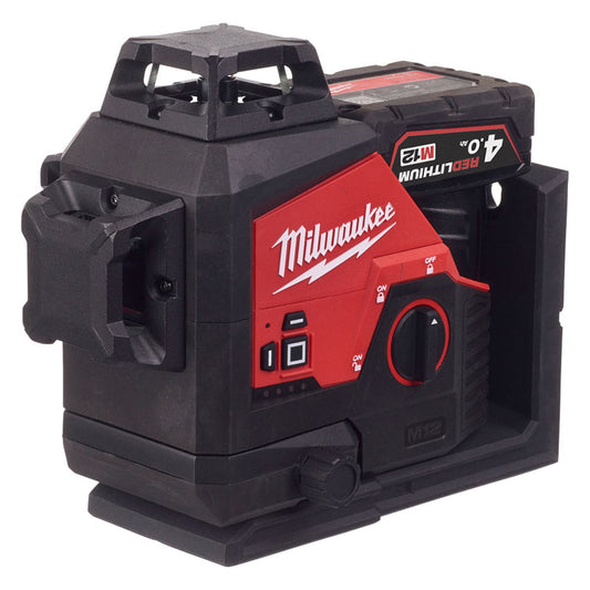 Milwaukee M123PL-401C 12V Green 360° 3 Plane Laser with 1 x 4.0Ah Battery, Charger & Case - MonkeyTools