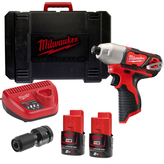 Milwaukee M12BID-202C 12V Impact Driver 1/4" with 2 x 2.0Ah Batteries with Socket Adapter - MonkeyTools