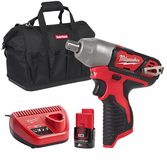 Milwaukee M12BIW12-0 12V 1/2'' Impact Wrench with 1 x 2.0Ah Battery Charger & Bag - MonkeyTools