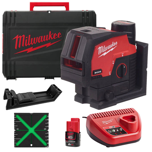 Milwaukee M12CLLP-0 12V Green Cross Line 2 Plane Laser 360° Case with 1 x 2.0Ah Battery & Charger - MonkeyTools