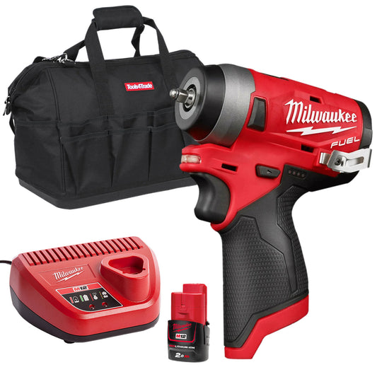 Milwaukee M12FIW14-0 12V FUEL Brushless 1/4" Impact Wrench with 1 x 2.0Ah Battery Charger & Bag - MonkeyTools