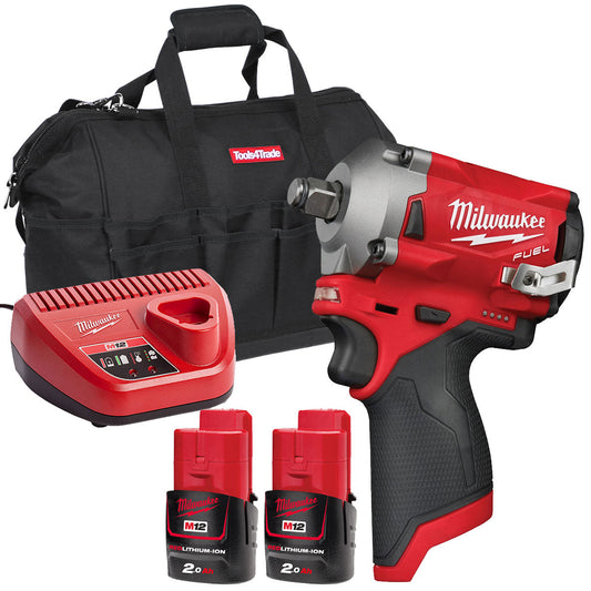Milwaukee M12FIWF12-0 12V 1/2" Fuel Brushless Impact Wrench with 2 x 2.0Ah Batteries & Charger in Bag - MonkeyTools