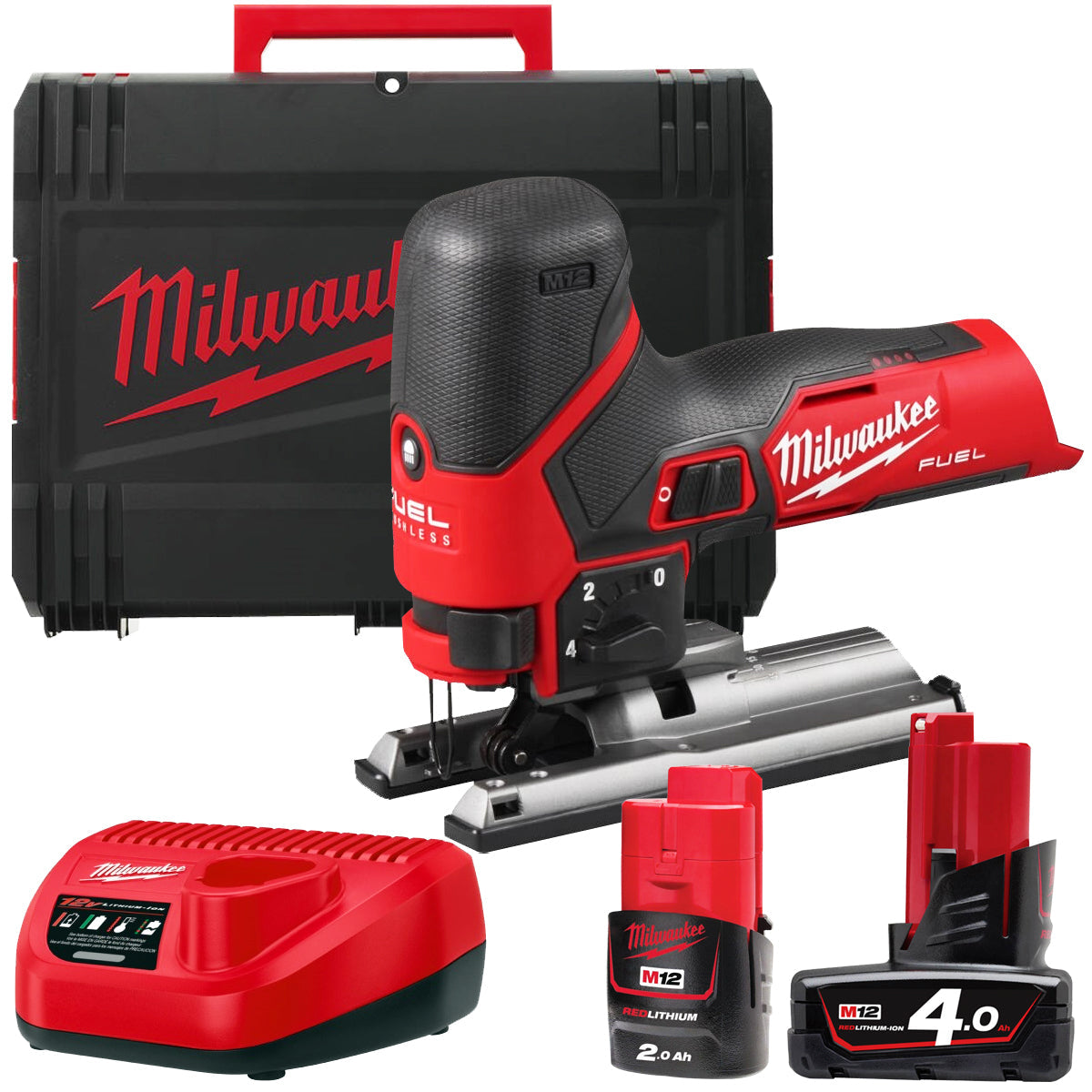 Milwaukee M12FJS-422X 12V 240v Fuel Brushless Jigsaw with 4.0Ah/2.0Ah Batteries Charger & Case 4933493349 - MonkeyTools