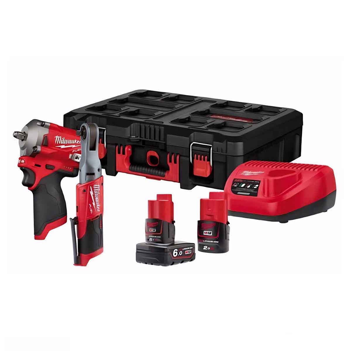 Milwaukee M12FPP2H-622P 12V Fuel Brushless 3/8" Impact Wrench and Ratchet with 2 x Battery Charge & Case 4933471743 - MonkeyTools