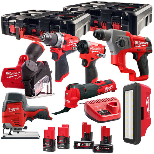 Milwaukee M12FPP7A2-624P 12V Fuel 7 Piece Tool Kit with 4 x Battery Charger & Cases 4933492382 - MonkeyTools