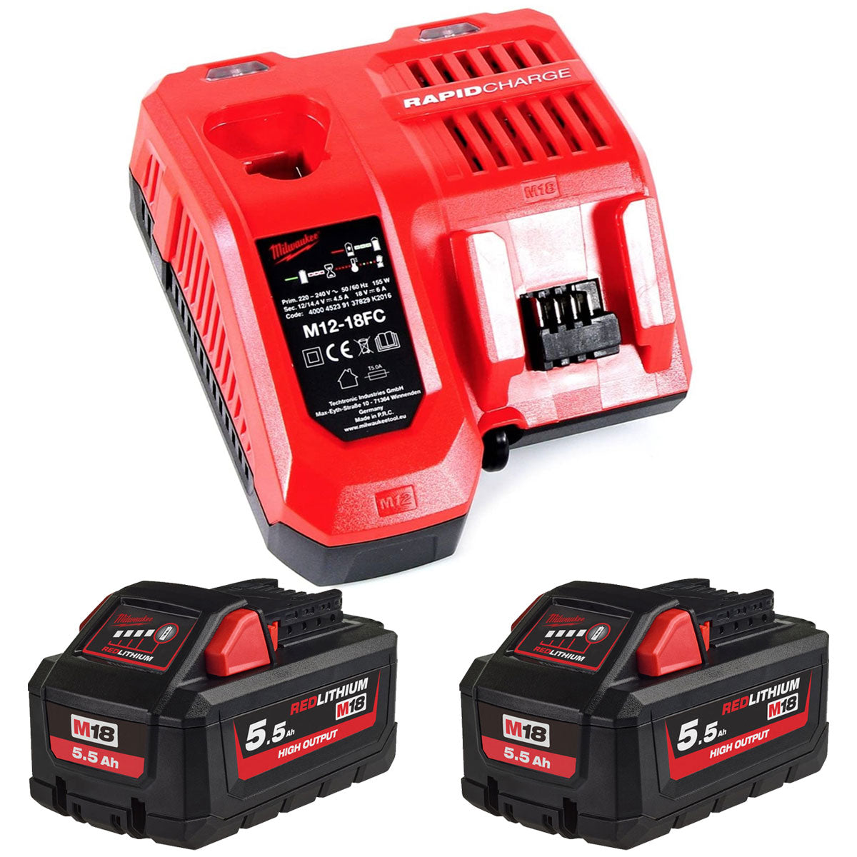 Milwaukee M18 HB5.5 18V RedLithium-Ion High Output 2 x 5.5Ah Battery with Fast Charger - MonkeyTools