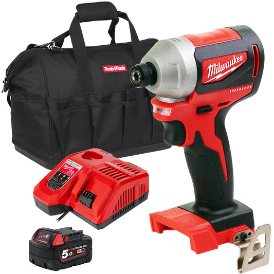 Milwaukee M18BLID2-0 1/4" Brushless Hex Impact Driver with 1 x 5.0Ah Battery Charger & Bag - MonkeyTools