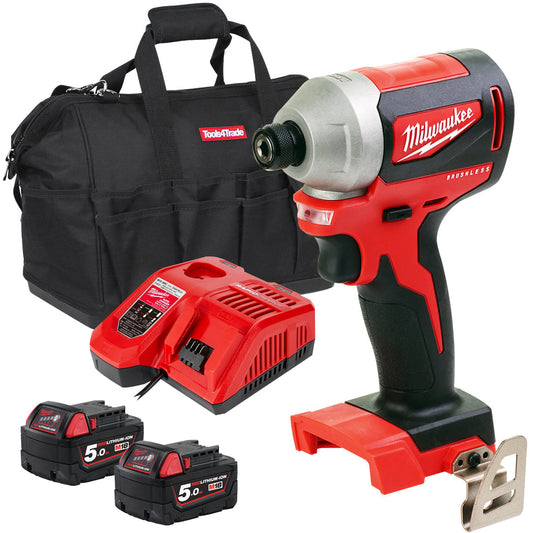 Milwaukee M18BLID2-0 1/4" Brushless Hex Impact Driver with 2 x 5.0Ah Battery Charger & Bag - MonkeyTools