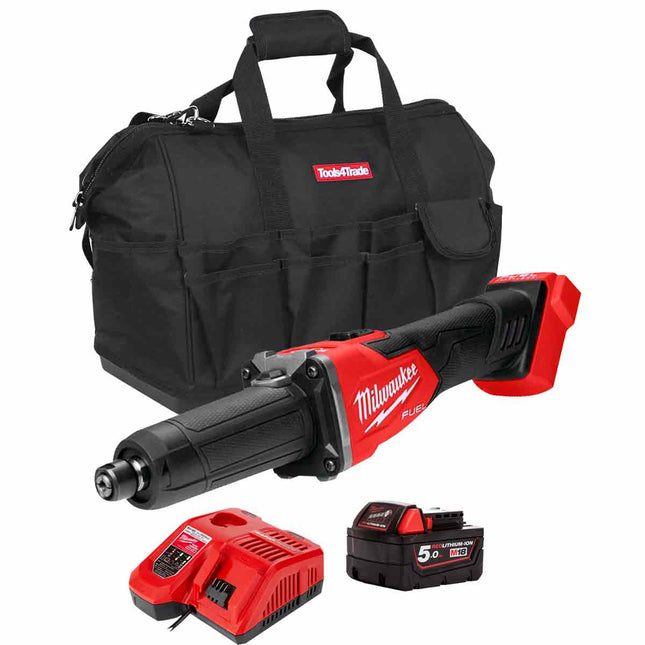 Milwaukee M18FDGRB-0 18V Brushless Braking Die Grinder with 1 x 5.0Ah Battery Charger & Bag - MonkeyTools