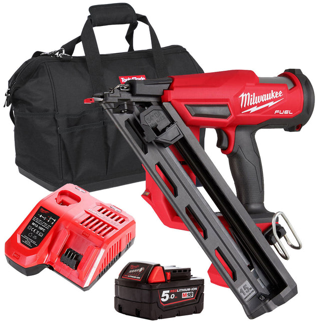 Milwaukee M18FN15GA-0 18V Brushless Angled Finish Nailer 15Ga with 1 x 5.0Ah Battery Charger & Bag - MonkeyTools