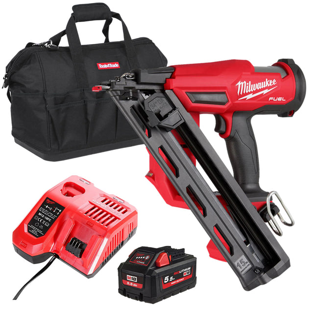 Milwaukee M18FN15GA-0 18V Brushless Angled Finish Nailer 15Ga with 1 x 5.5Ah Battery Charger & Bag - MonkeyTools