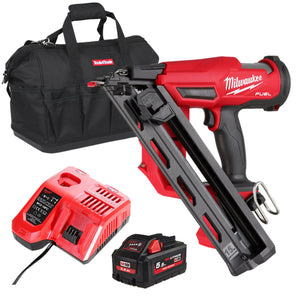 Milwaukee M18FN15GA-0 18V Brushless Angled Finish Nailer 15Ga with 1 x 5.5Ah Battery Charger & Bag - MonkeyTools