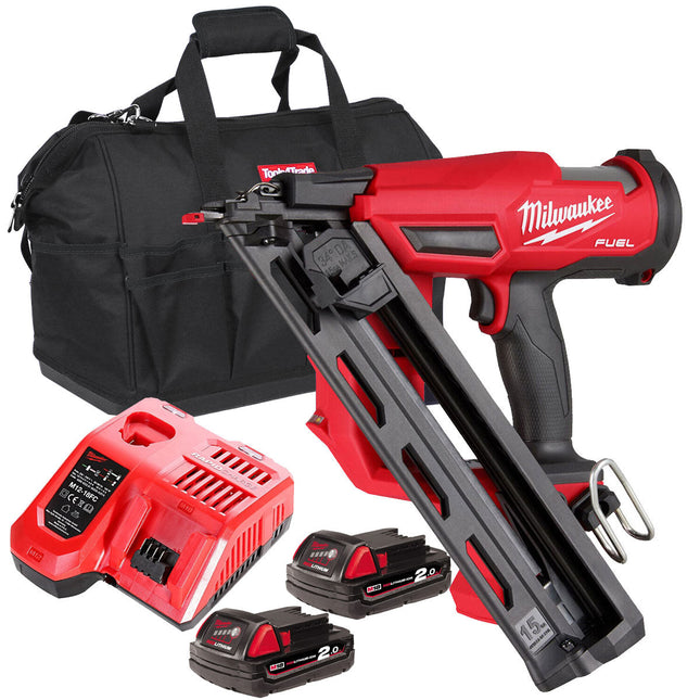 Milwaukee M18FN15GA-0 18V Brushless Angled Finish Nailer 15Ga with 2 x 2.0Ah Batteries & Charger in Bag - MonkeyTools