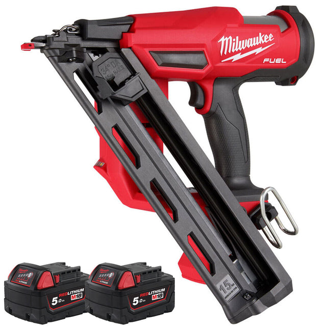 Milwaukee M18FN15GA-0 18V Brushless Angled Finish Nailer 15Ga with 2 x 5.0Ah Battery - MonkeyTools