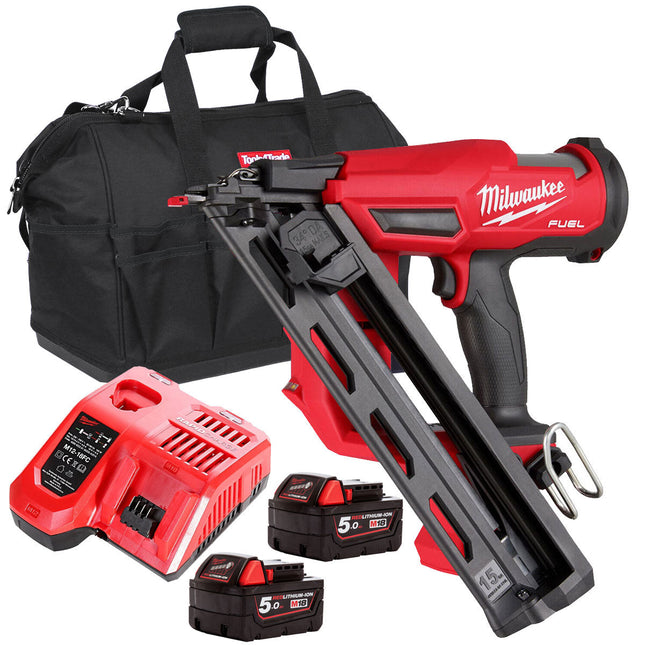 Milwaukee M18FN15GA-0 18V Brushless Angled Finish Nailer 15Ga with 2 x 5.0Ah Battery & Charger - MonkeyTools