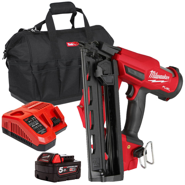 Milwaukee M18FN16GA-0X 18V 16G Angled Finish Nailer with 1 x 5.0Ah Battery Charger & Bag - MonkeyTools
