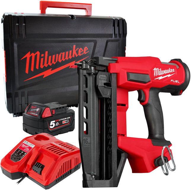 Milwaukee M18FN16GS-0X 18V Fuel Brushless 16G Straight Finish Nailer with 1 x 5.0Ah Battery Charger & Case - MonkeyTools