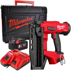 Milwaukee M18FN16GS-0X 18V Fuel Brushless 16G Straight Finish Nailer with 1 x 5.0Ah Battery Charger & Case