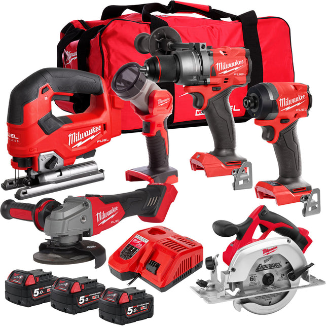 Milwaukee M18FPP6T3-503B 18V 6 Piece Tool Kit with 3 x 5.0Ah Battery & Charger - MonkeyTools