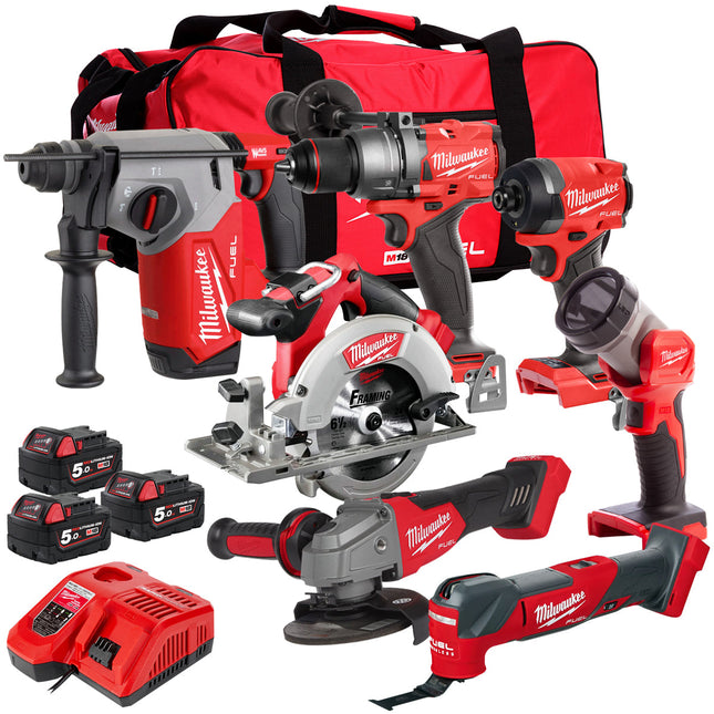 Milwaukee M18FPP7A3-503B 18V FUEL Brushless 7 Piece Tool Kit 3 x 5.0Ah Batteries Charger & Wheeled Bag 4933480878 - MonkeyTools