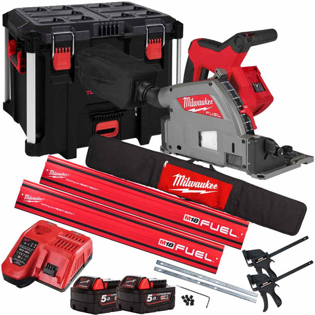 Milwaukee M18FPS55-0P 18V 165mm Fuel Brushless Plunge Saw with 2 x 5.0Ah Battery & Guide Rail Kit - MonkeyTools