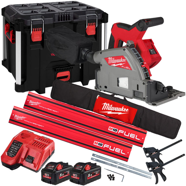 Milwaukee M18FPS55-552P 18V 165mm Fuel Brushless Plunge Saw with 2 x 5.5Ah Battery & Guide Rail Kit - MonkeyTools