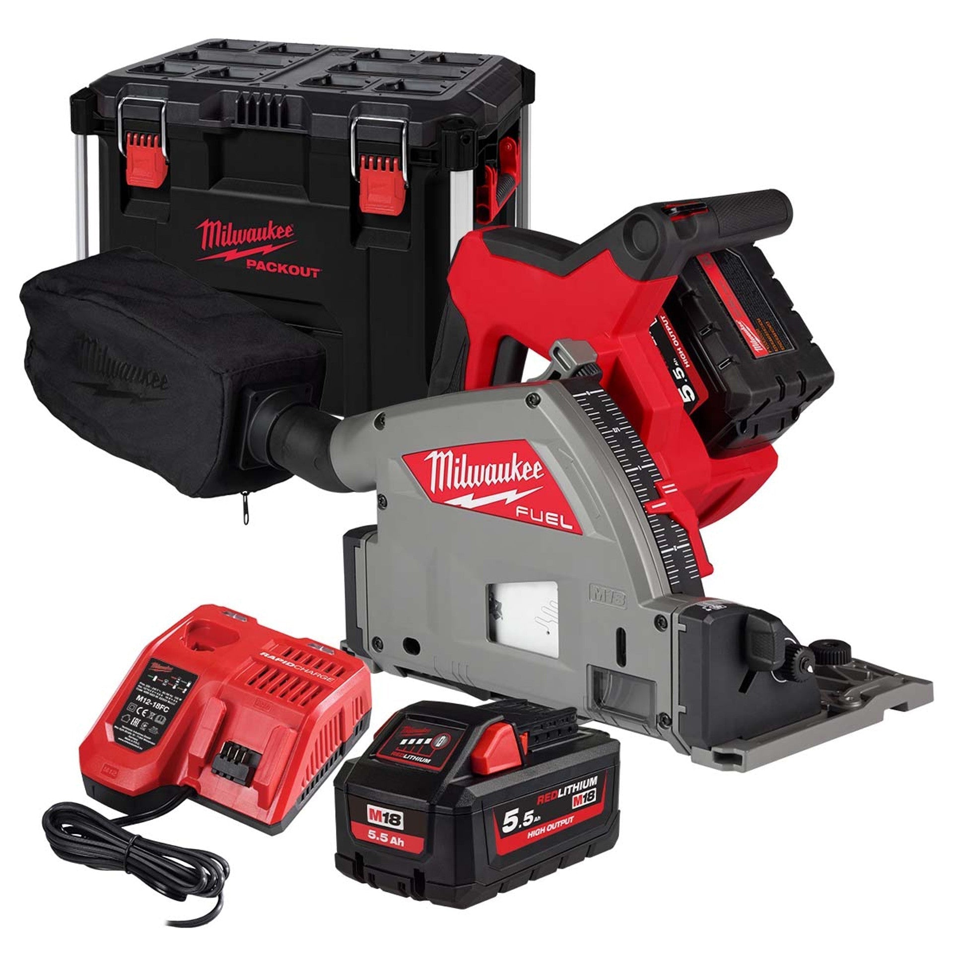 Milwaukee M18FPS55-552P 18V 165mm Fuel Brushless Plunge Saw with 2 x 5.5Ah Battery & Guide Rail Kit - MonkeyTools