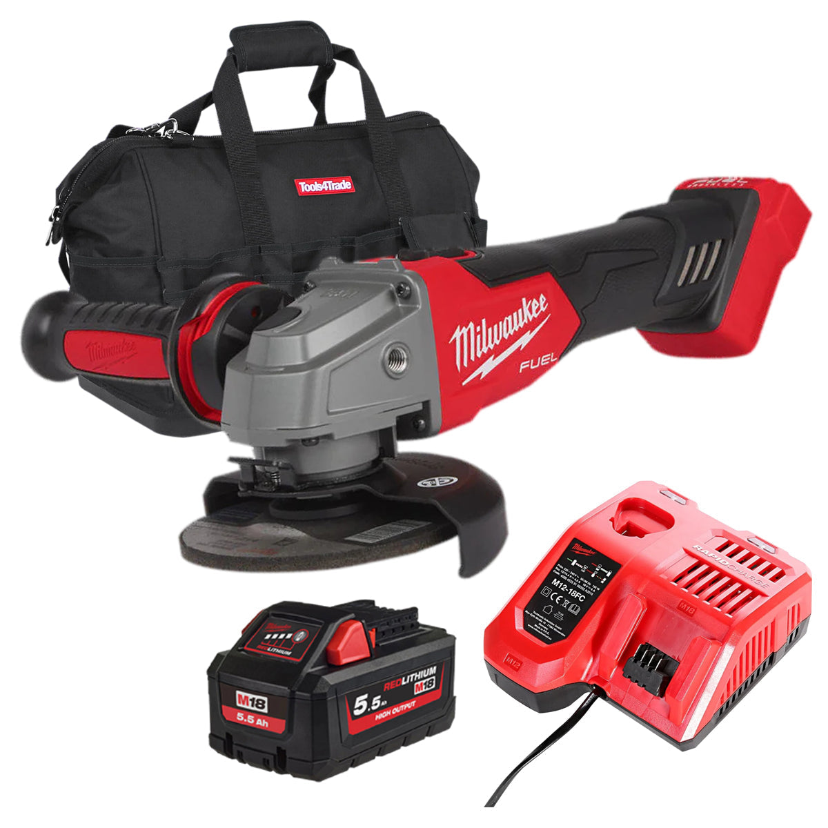 Milwaukee M18FSAG115X-0 18V 115mm Fuel Brushless Angle Grinder with 1 x 5.5Ah Battery Charger & Bag - MonkeyTools