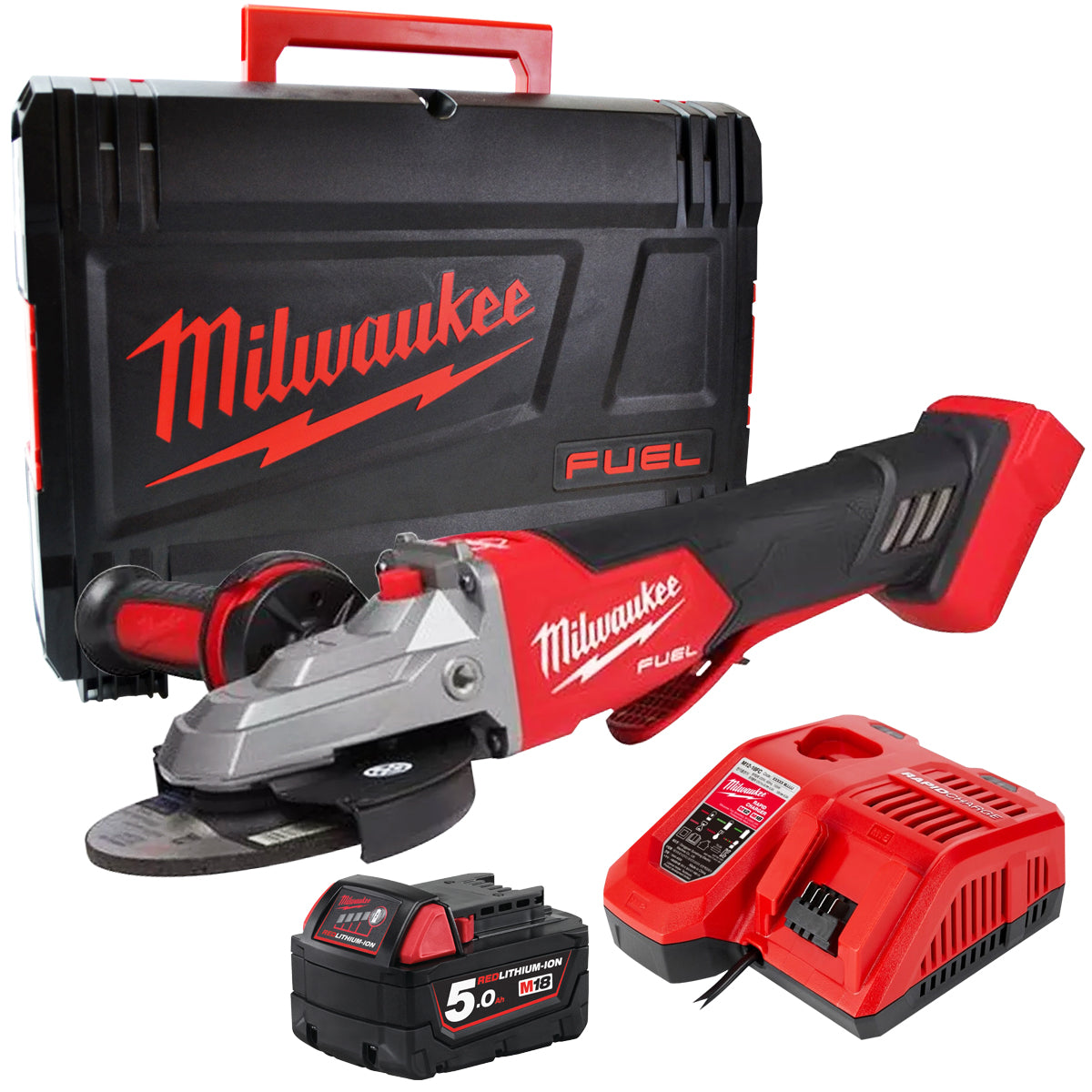 Milwaukee M18FSAGF125XPDB-0X 18V Fuel Brushless 125mm Angle Grinder with 1 x 5.0Ah Battery Charger & Case - MonkeyTools