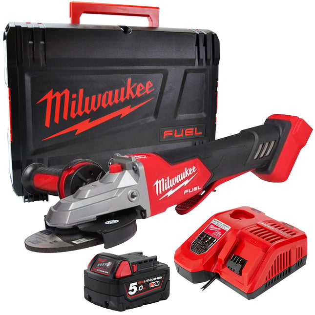 Milwaukee M18FSAGF125XPDB-0X 18V Fuel Brushless 125mm Angle Grinder with 1 x 5.0Ah Battery Charger & Case - MonkeyTools