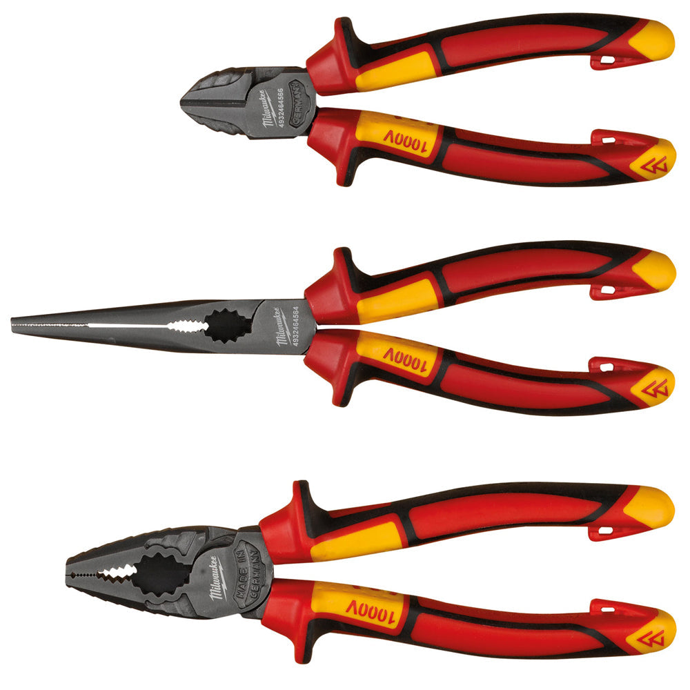 Milwaukee VDE Pliers 3pc Set Diagonal Cutter, Long Round Nose Plier, Combi Plier 4932464575 - MonkeyTools