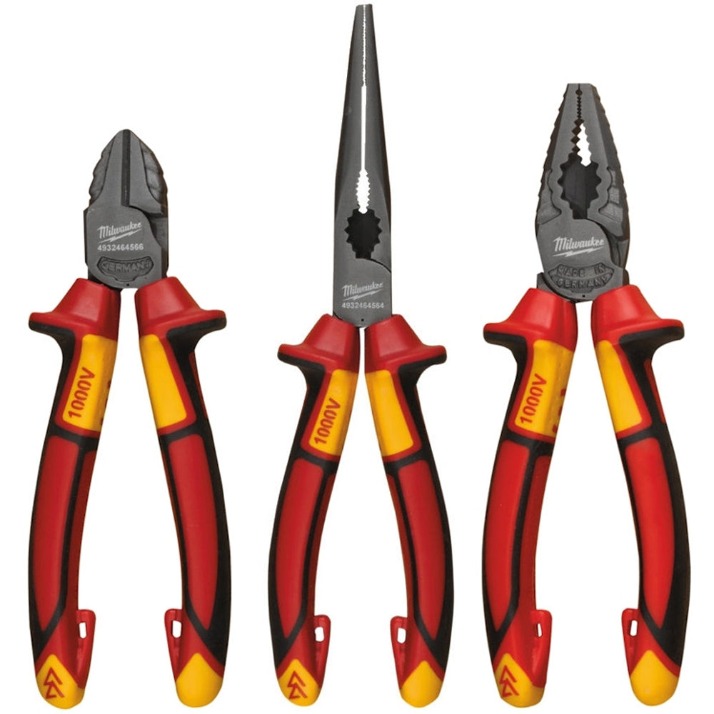 Milwaukee VDE Pliers 3pc Set Diagonal Cutter, Long Round Nose Plier, Combi Plier 4932464575 - MonkeyTools