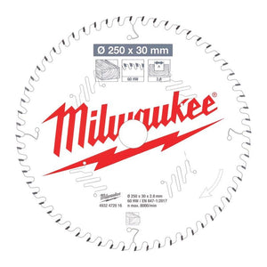 Genuine Milwaukee 4932472016 Wood Cutting Circular Saw Blades 250mm x 30mm 60T - MonkeyTools