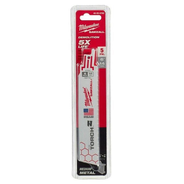 Genuine Milwaukee Sawzall Torch Recip Blades - 5pk 6" 14 TPI 48 00 5782 - MonkeyTools