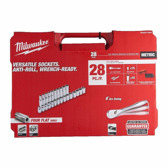 Milwaukee 1/2" Drive Ratchet & Socket Set - 28pc - Metric/Imperial - 4932471864 - MonkeyTools
