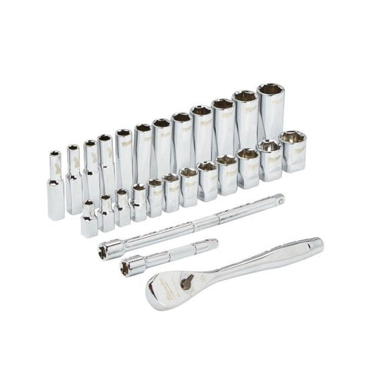 MILWAUKEE 1/4" DRIVE RATCHET & SOCKET SET METRIC X28 PCS 4932464943 - MonkeyTools