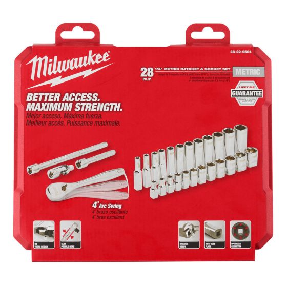 MILWAUKEE 1/4" DRIVE RATCHET & SOCKET SET METRIC X28 PCS 4932464943 - MonkeyTools