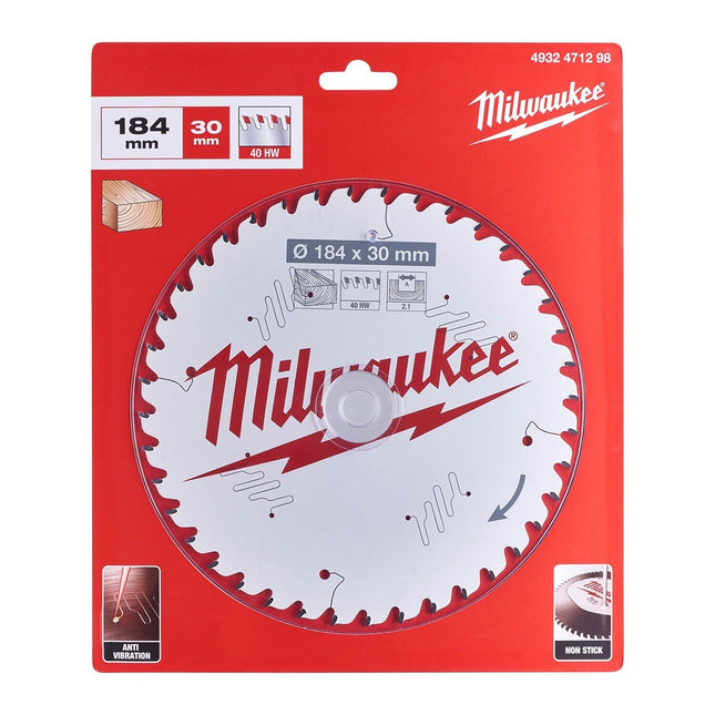 Milwaukee 184mm 30mm 40T Wood Cutting ATB TCT Circular Saw Blade 4932 4712 98 - MonkeyTools