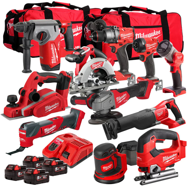Milwaukee 18V Cordless 11 Piece Tool Kit with 4 x 5.0Ah Batteries & Charger in Bag - MonkeyTools